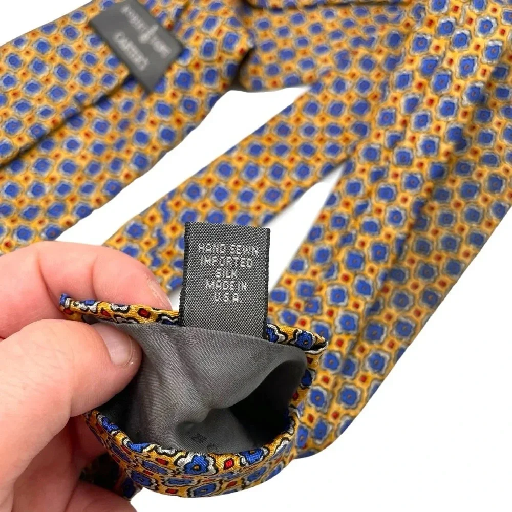 Robert Talbott Hand Sewn Silk Geometric Medallion Floral Necktie Yellow Blue